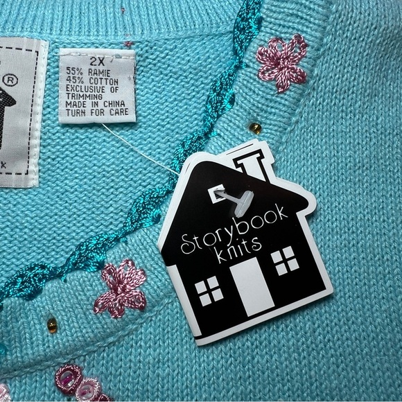 Storybook Knits Vintage Flower Sleeveless Sweater- Turquoise- Size 2X - Picture 8 of 10